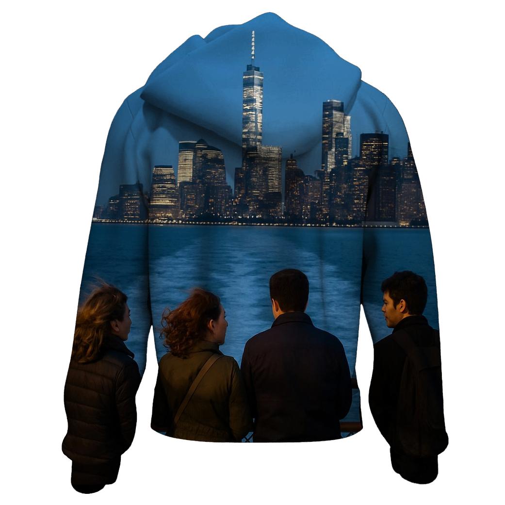 Ferry Wake At Blue Hour Below The Lower Manhattan Skyline embroidered hoodies