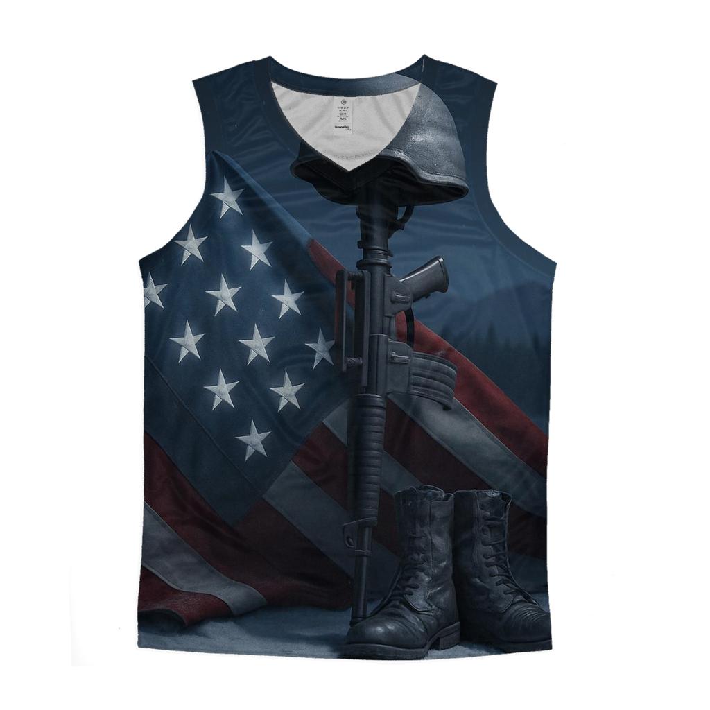 Steel Cross And Folded Flag In Moonlit Snow sports performance tank tops