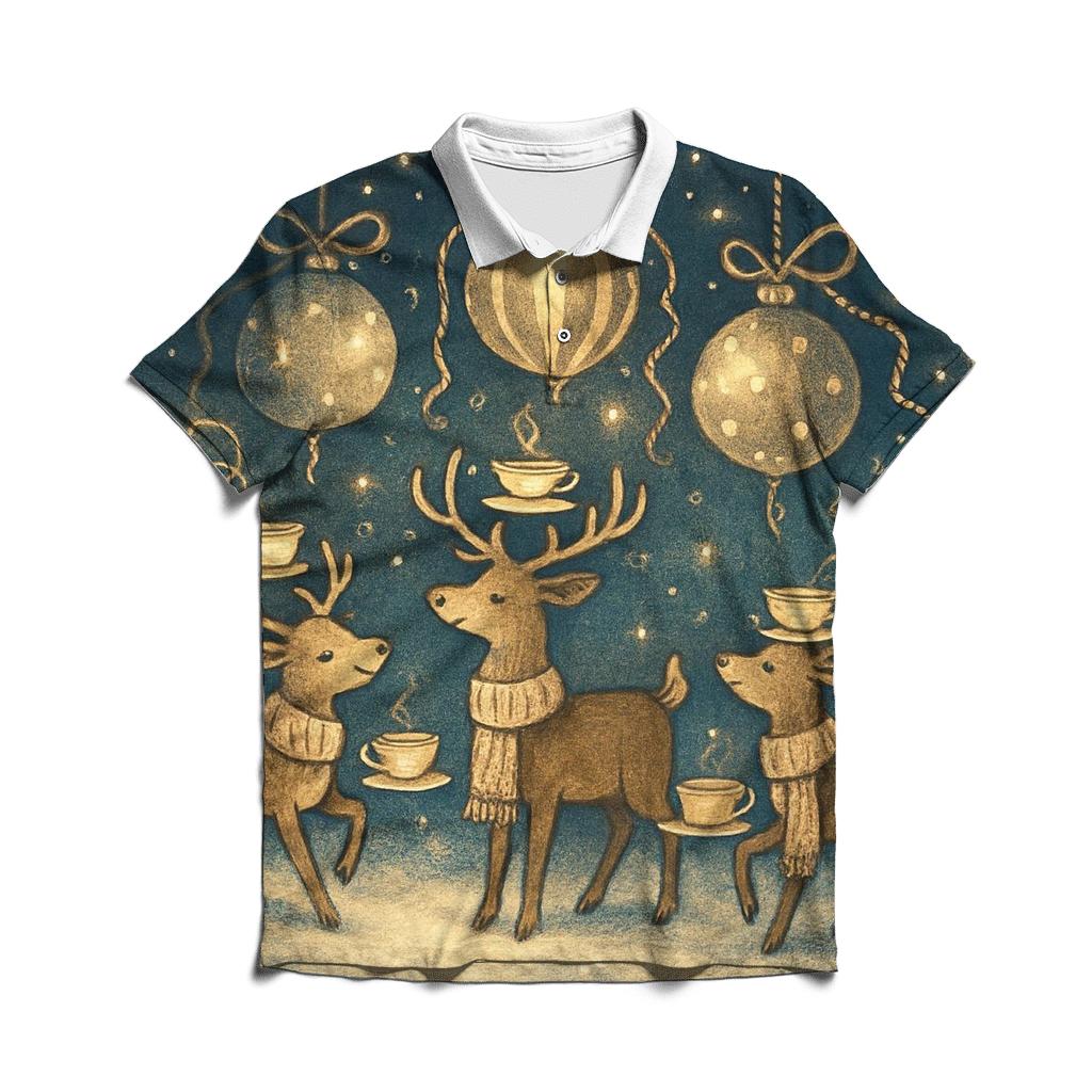Reindeer Tea Party Under Floating Ornaments premium cotton polo shirts