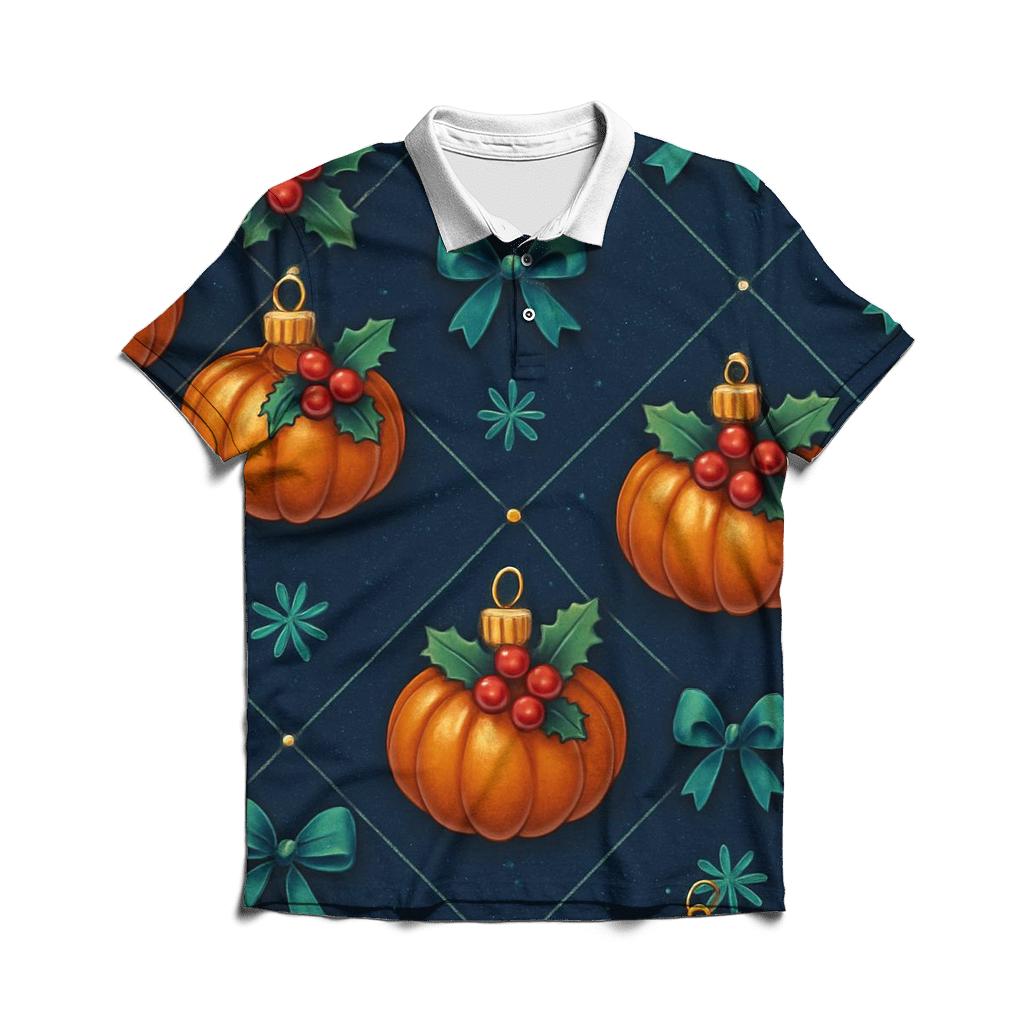 Emerald Holly Pumpkin Ornament Lattice On Navy Background stylish collar polo tees