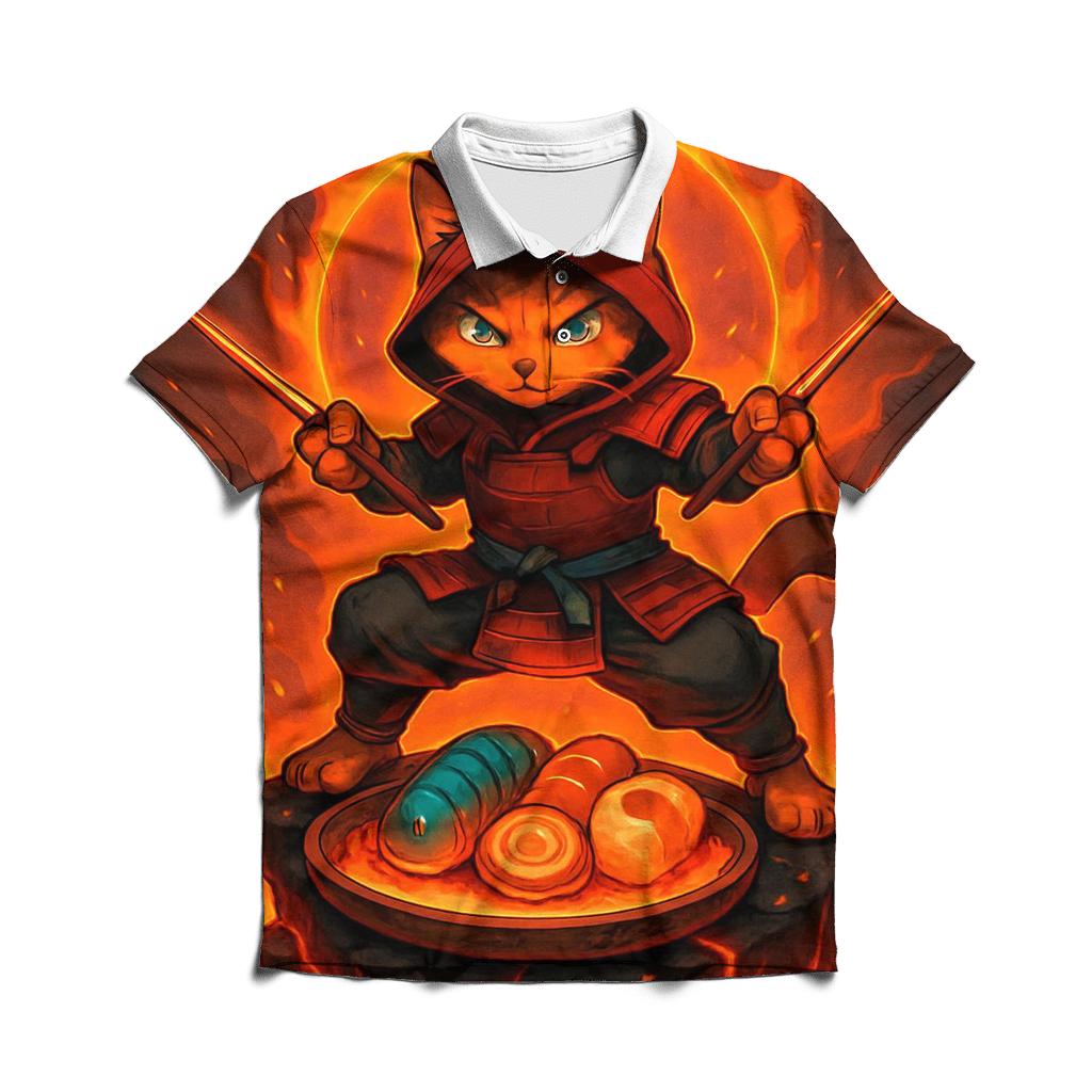 Volcanic Sushi Samurai Cat premium cotton polo shirts