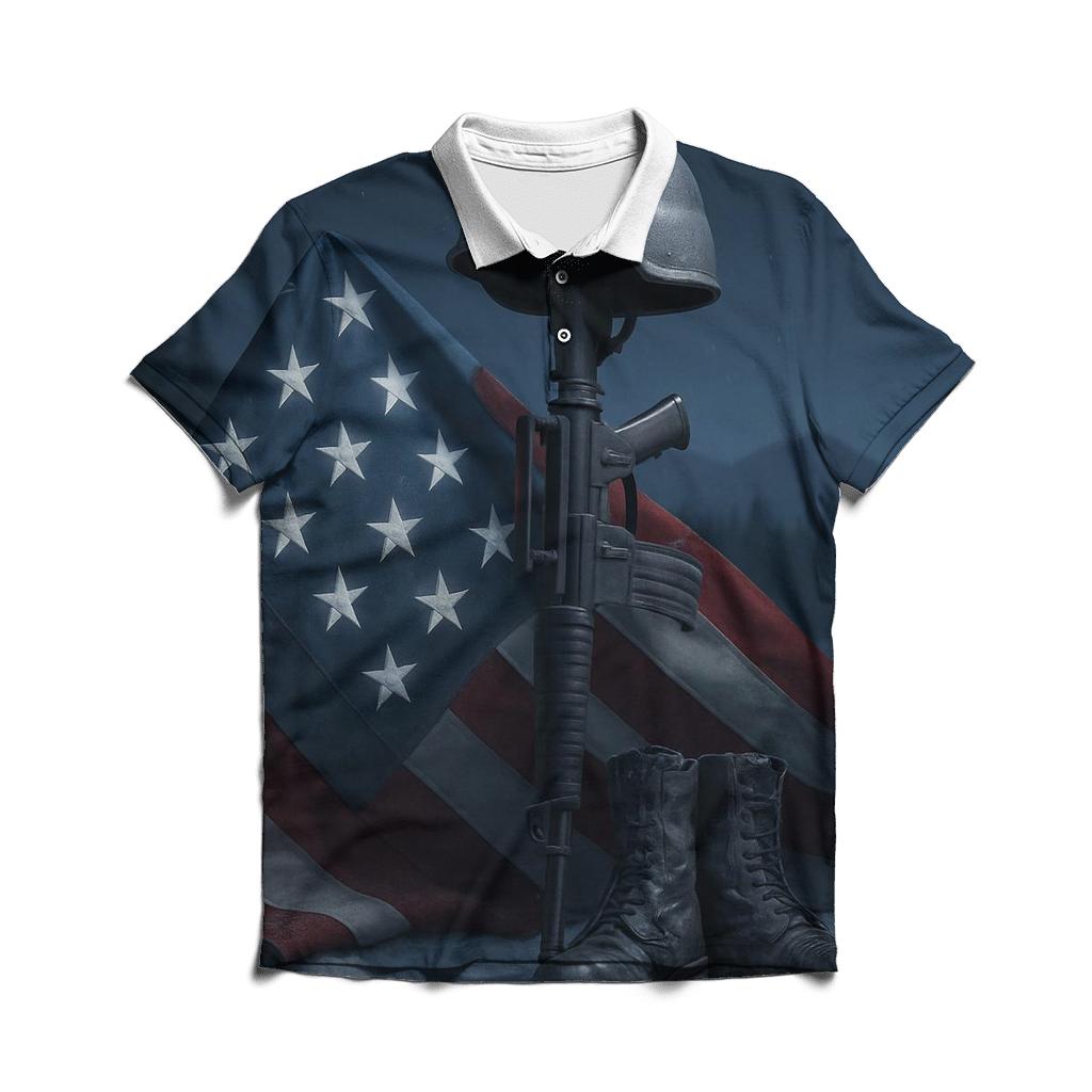 Steel Cross And Folded Flag In Moonlit Snow premium cotton polo shirts