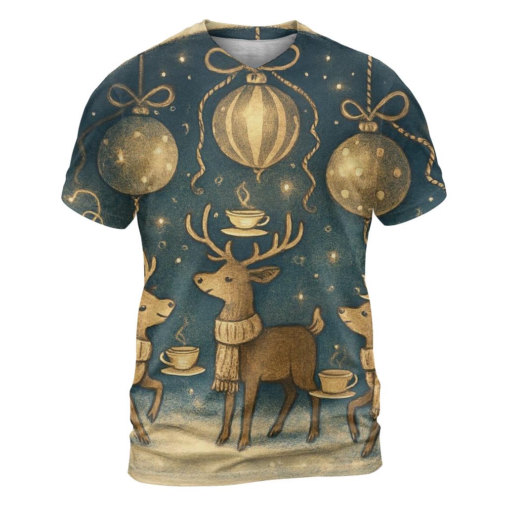 Reindeer Tea Party Under Floating Ornaments artistic all-over print tops