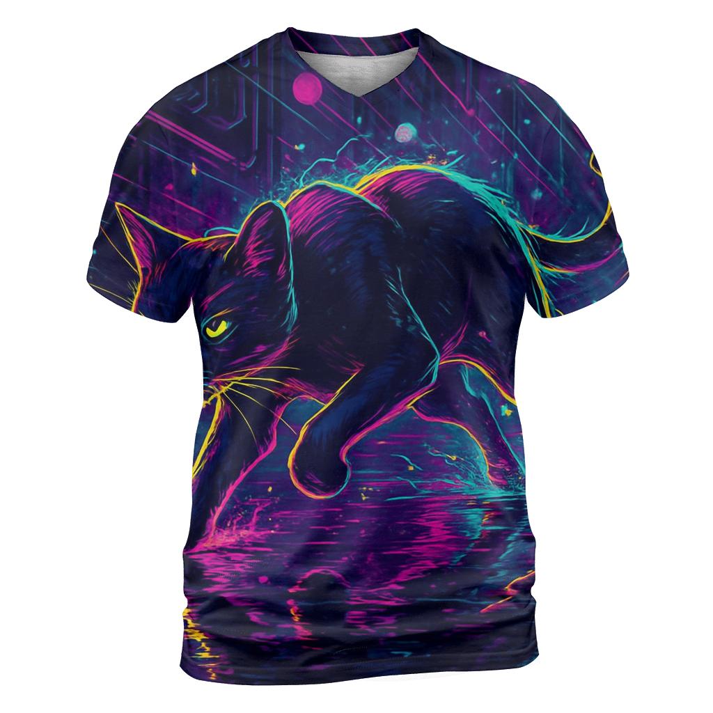 Neon Alley Circuit Cat artistic all-over print tops