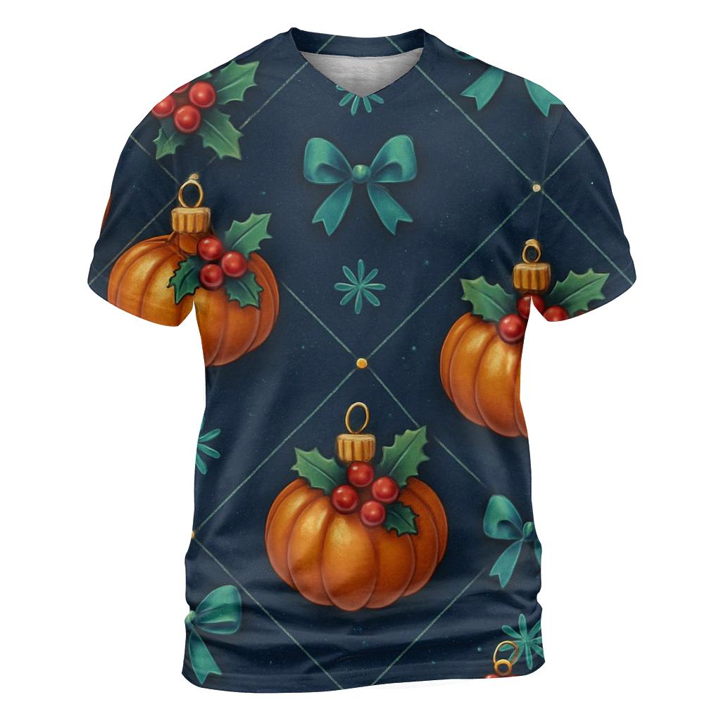 Emerald Holly Pumpkin Ornament Lattice On Navy Background trendy printed shirt styles