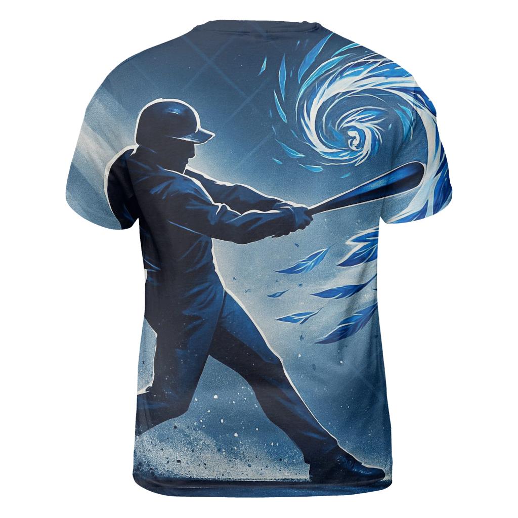 Bat Swing With Blue Jays Feather Vortex statement graphic shirts