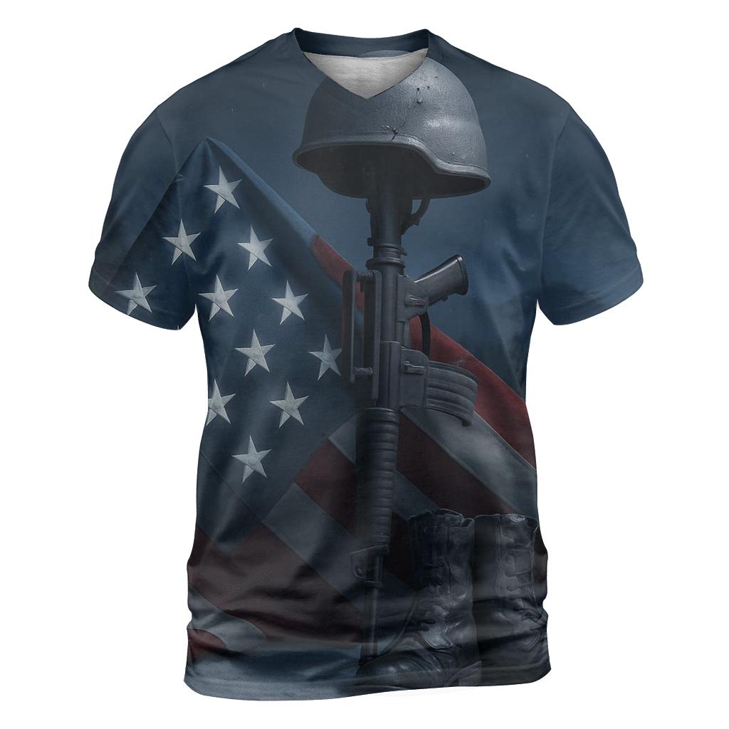 Steel Cross And Folded Flag In Moonlit Snow creative print fashion shirts