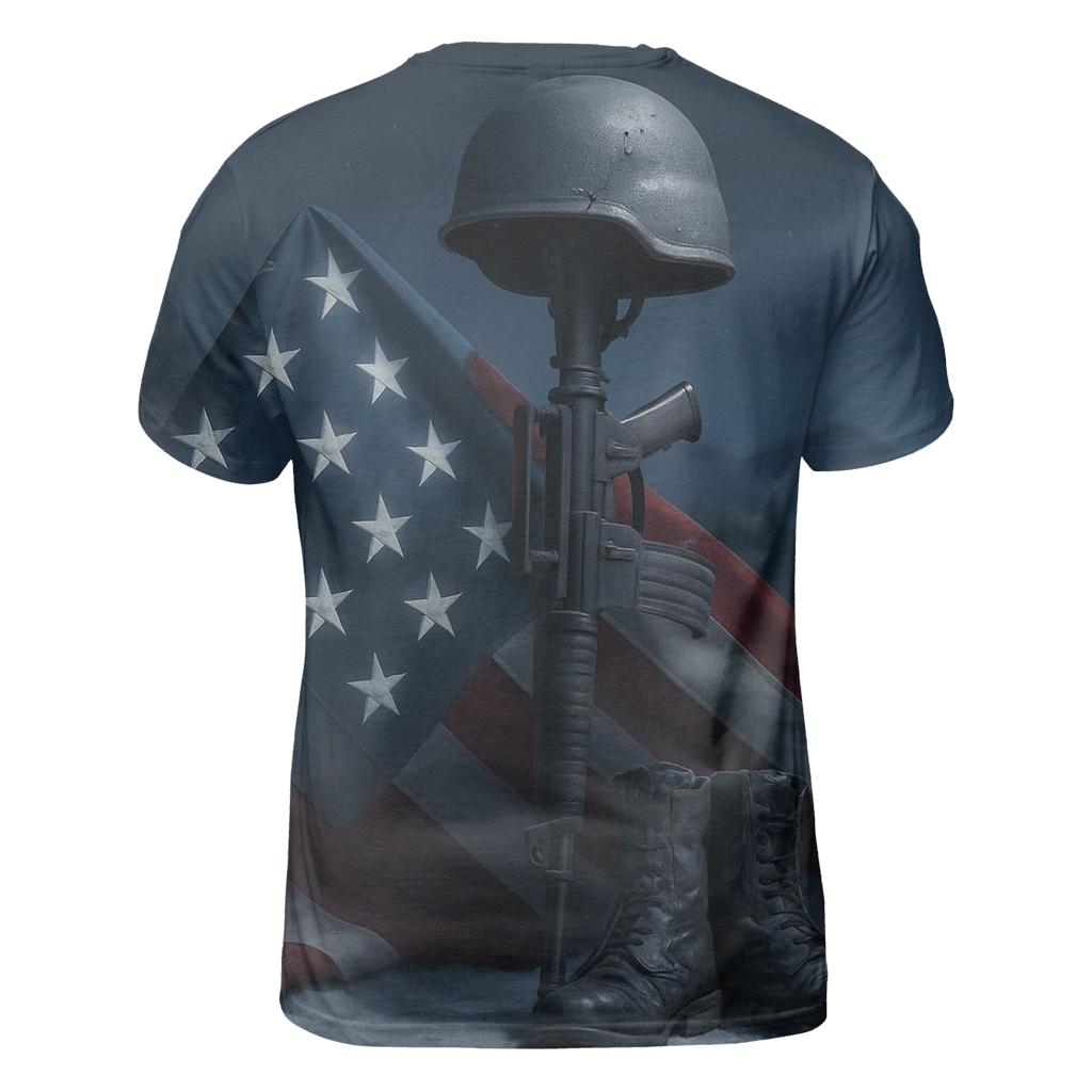 Steel Cross And Folded Flag In Moonlit Snow creative print fashion shirts