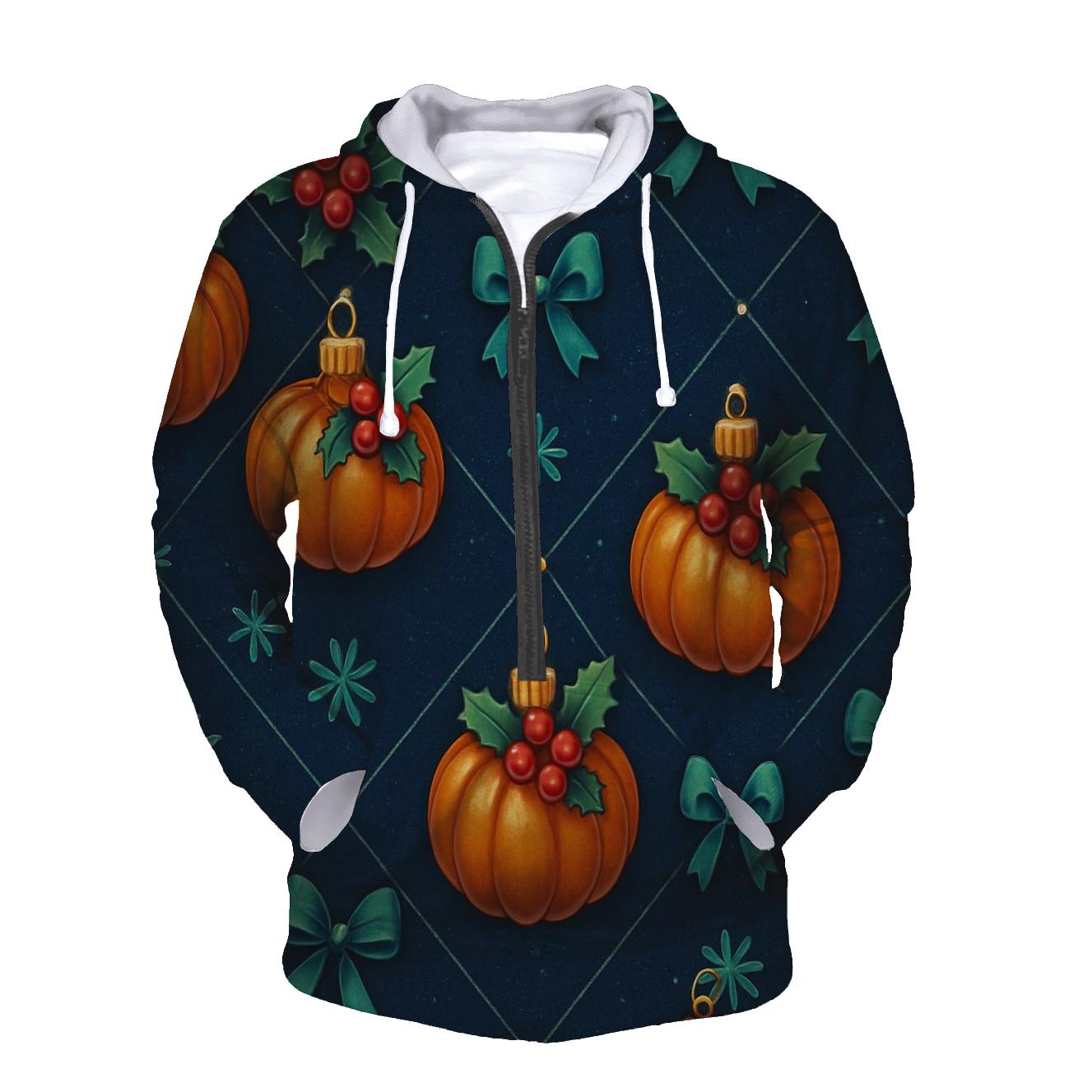 Emerald Holly Pumpkin Ornament Lattice On Navy Background zip-up hoodies