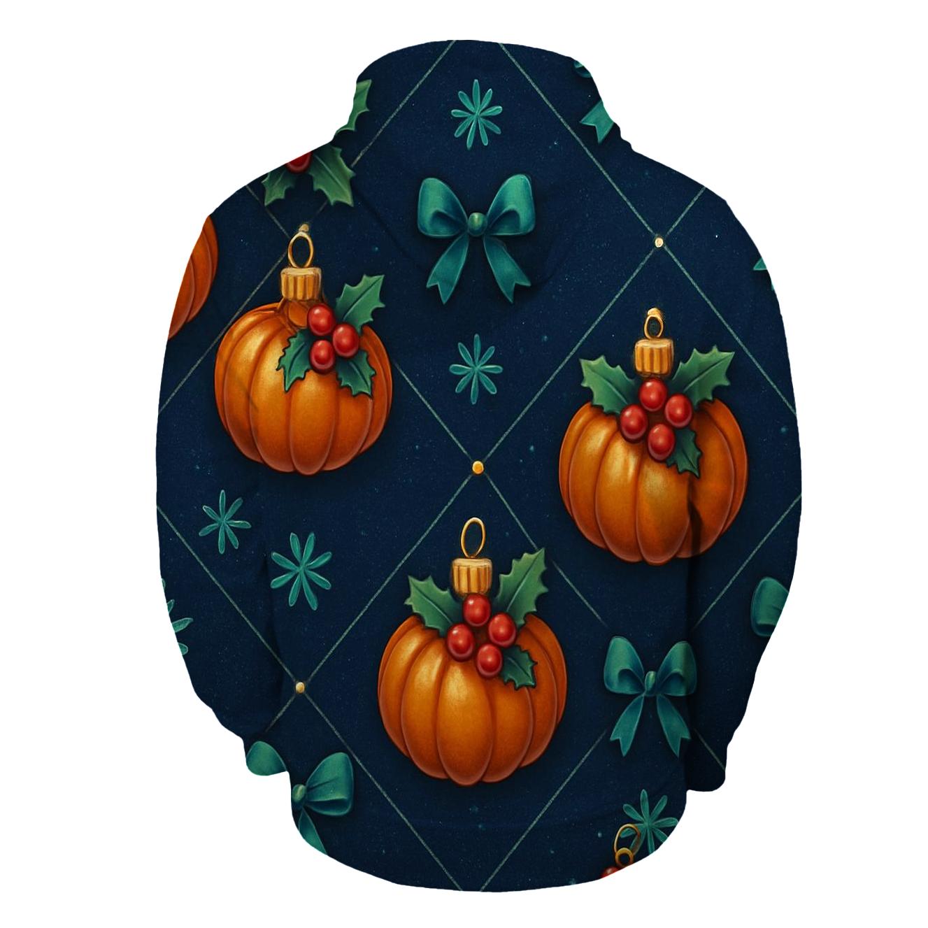 Emerald Holly Pumpkin Ornament Lattice On Navy Background zip-up hoodies