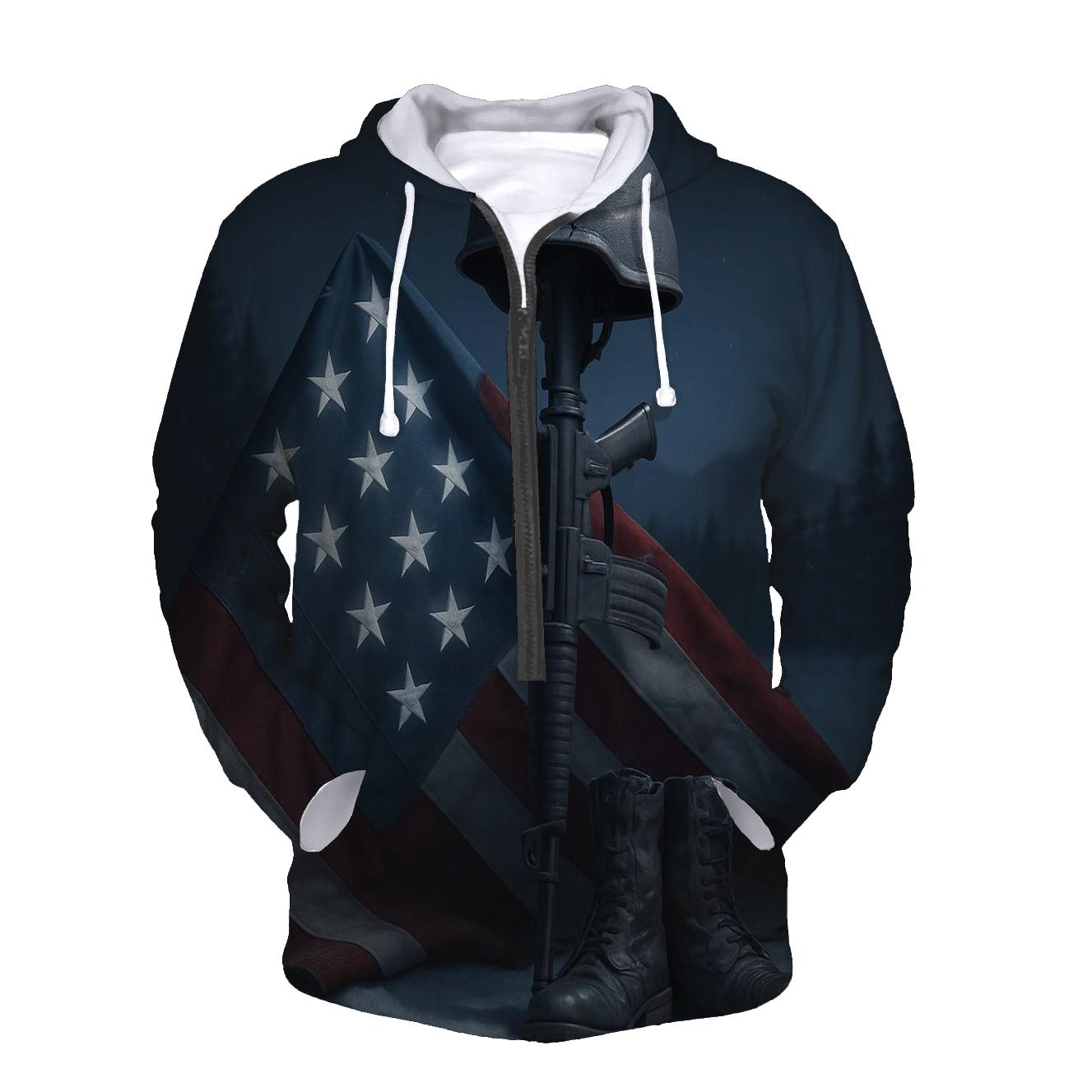 Steel Cross And Folded Flag In Moonlit Snow hoodie styles