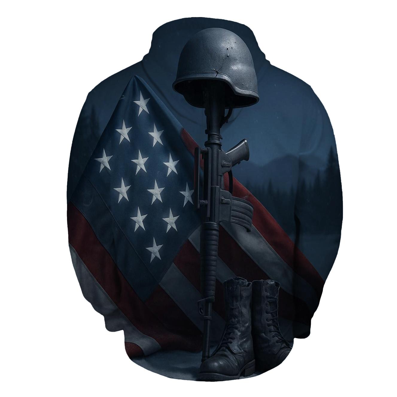 Steel Cross And Folded Flag In Moonlit Snow hoodie styles