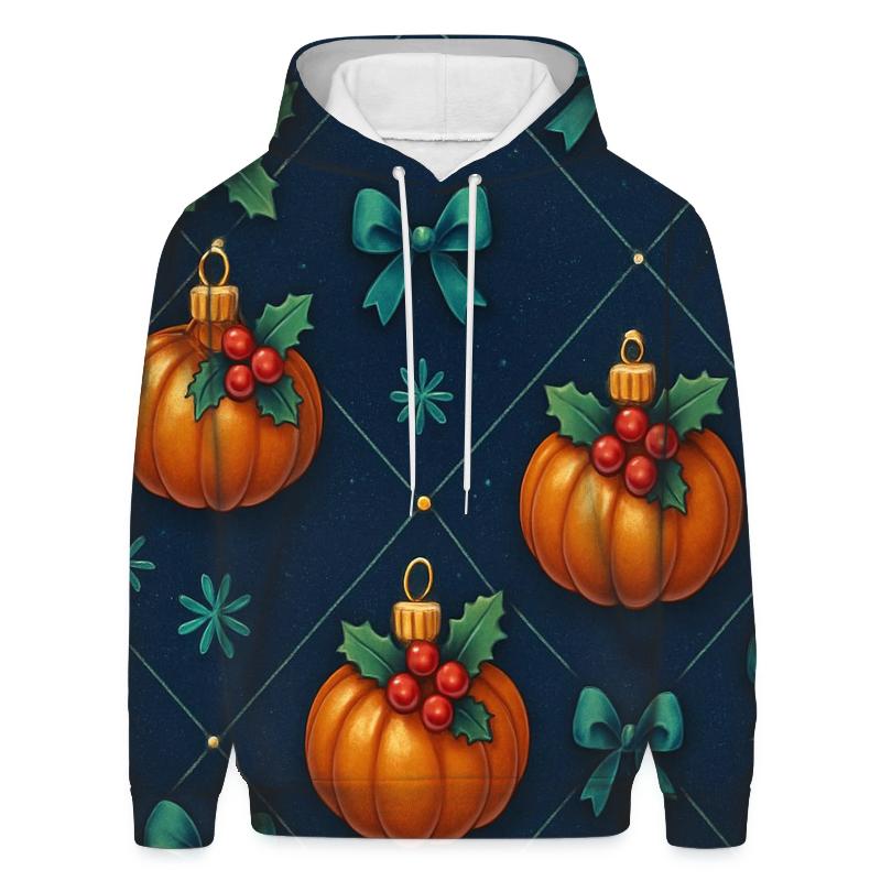 Emerald Holly Pumpkin Ornament Lattice On Navy Background lightweight hoodies