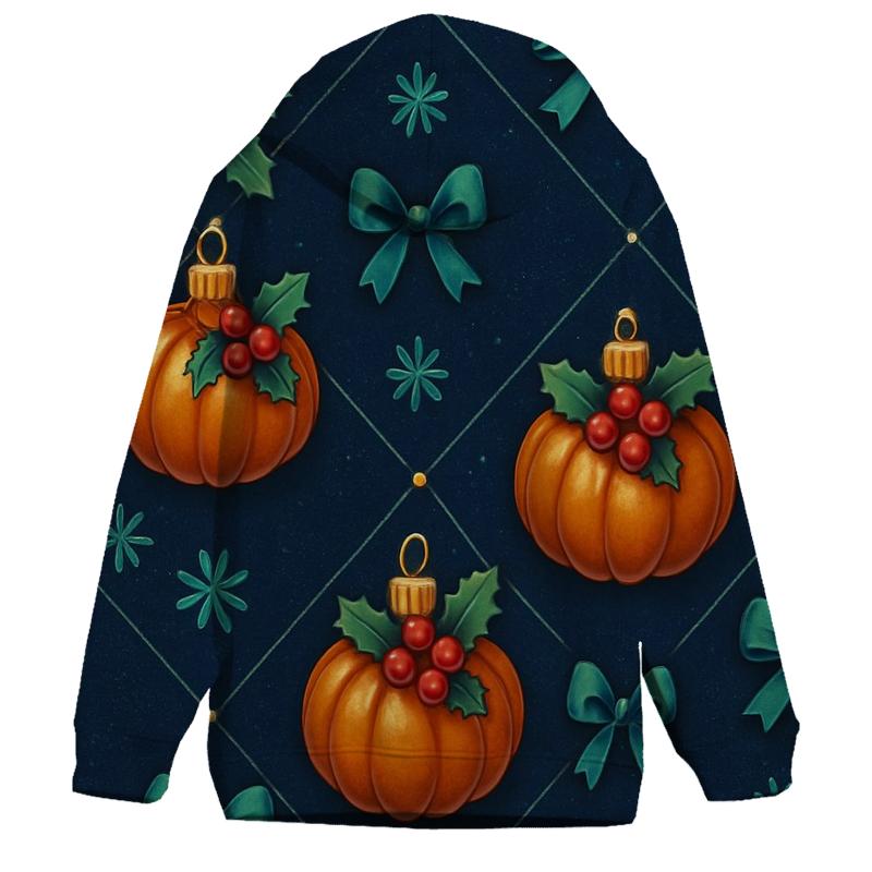 Emerald Holly Pumpkin Ornament Lattice On Navy Background lightweight hoodies