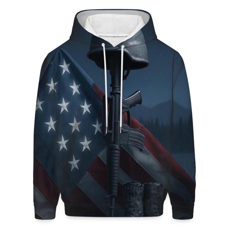 Steel Cross And Folded Flag In Moonlit Snow hoodie designs