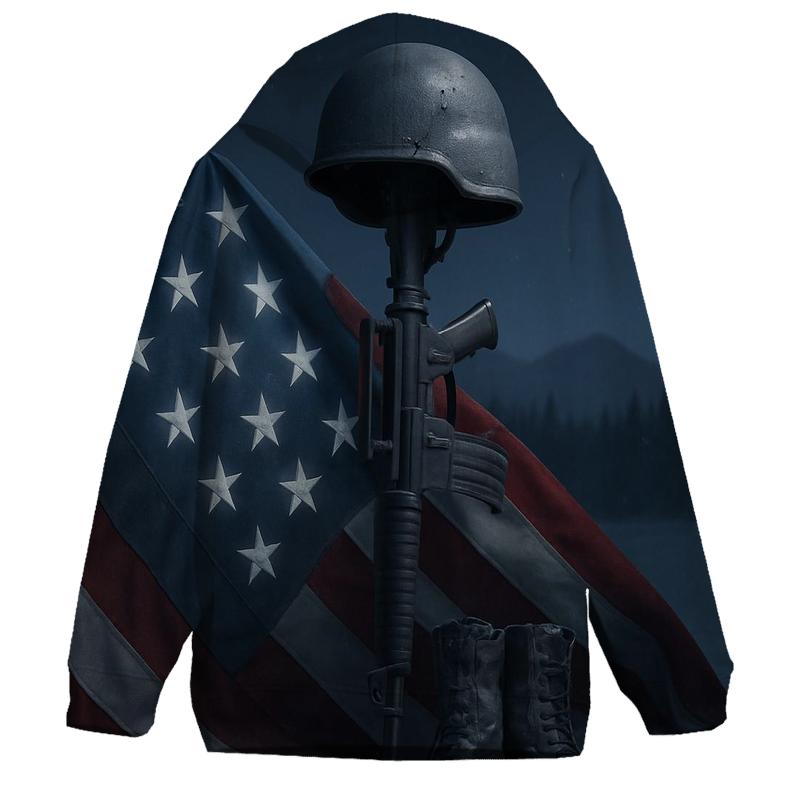 Steel Cross And Folded Flag In Moonlit Snow hoodie designs