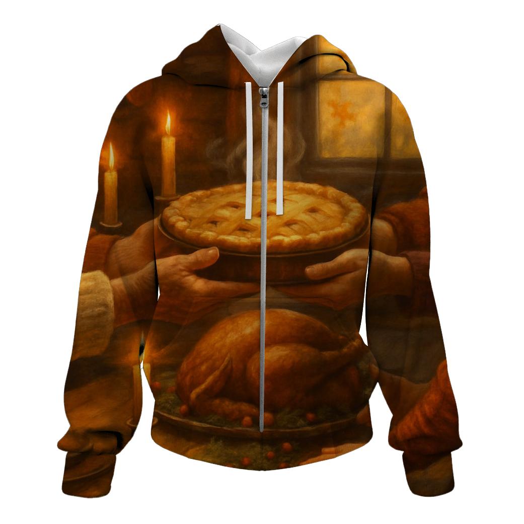 Candlelit Gratitude Cabin Feast printed hoodies
