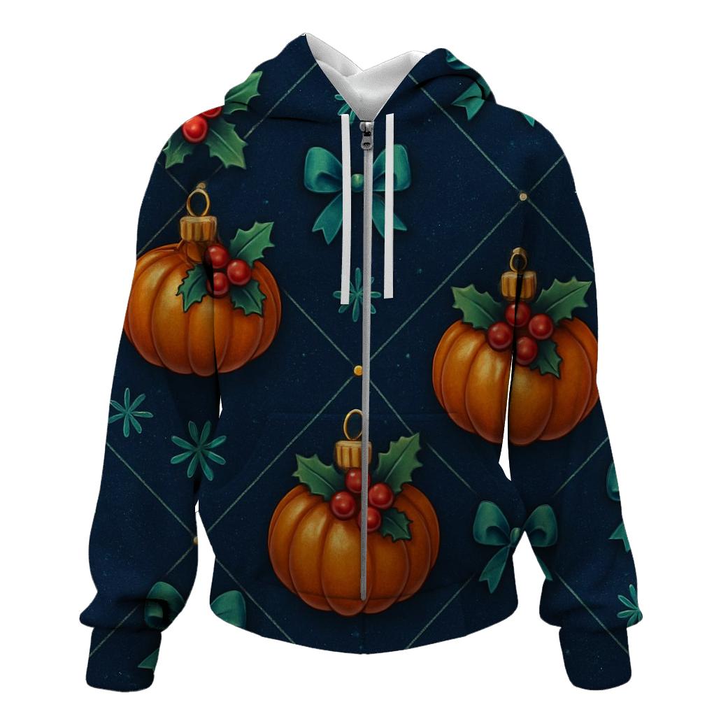 Emerald Holly Pumpkin Ornament Lattice On Navy Background heavyweight hoodies