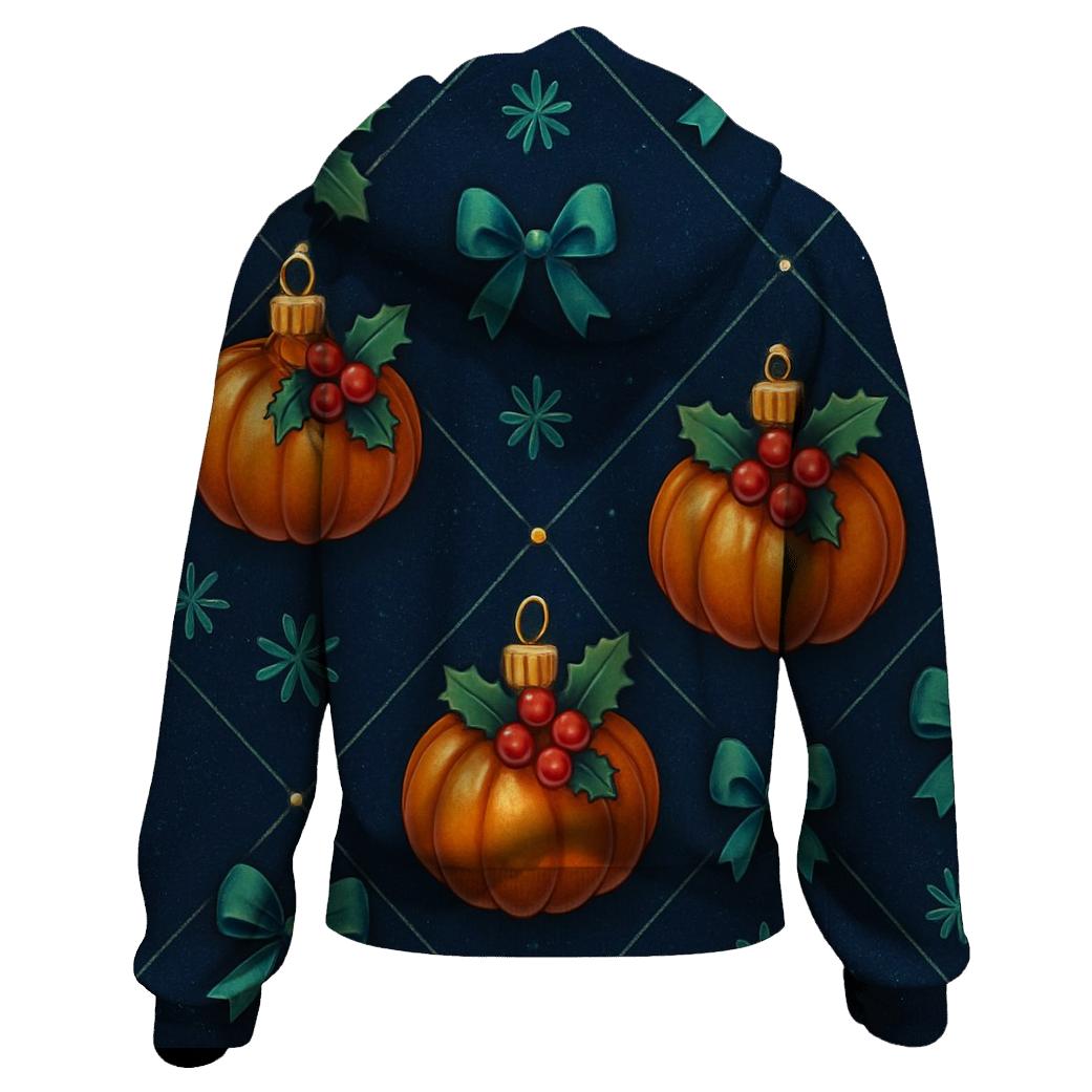 Emerald Holly Pumpkin Ornament Lattice On Navy Background heavyweight hoodies