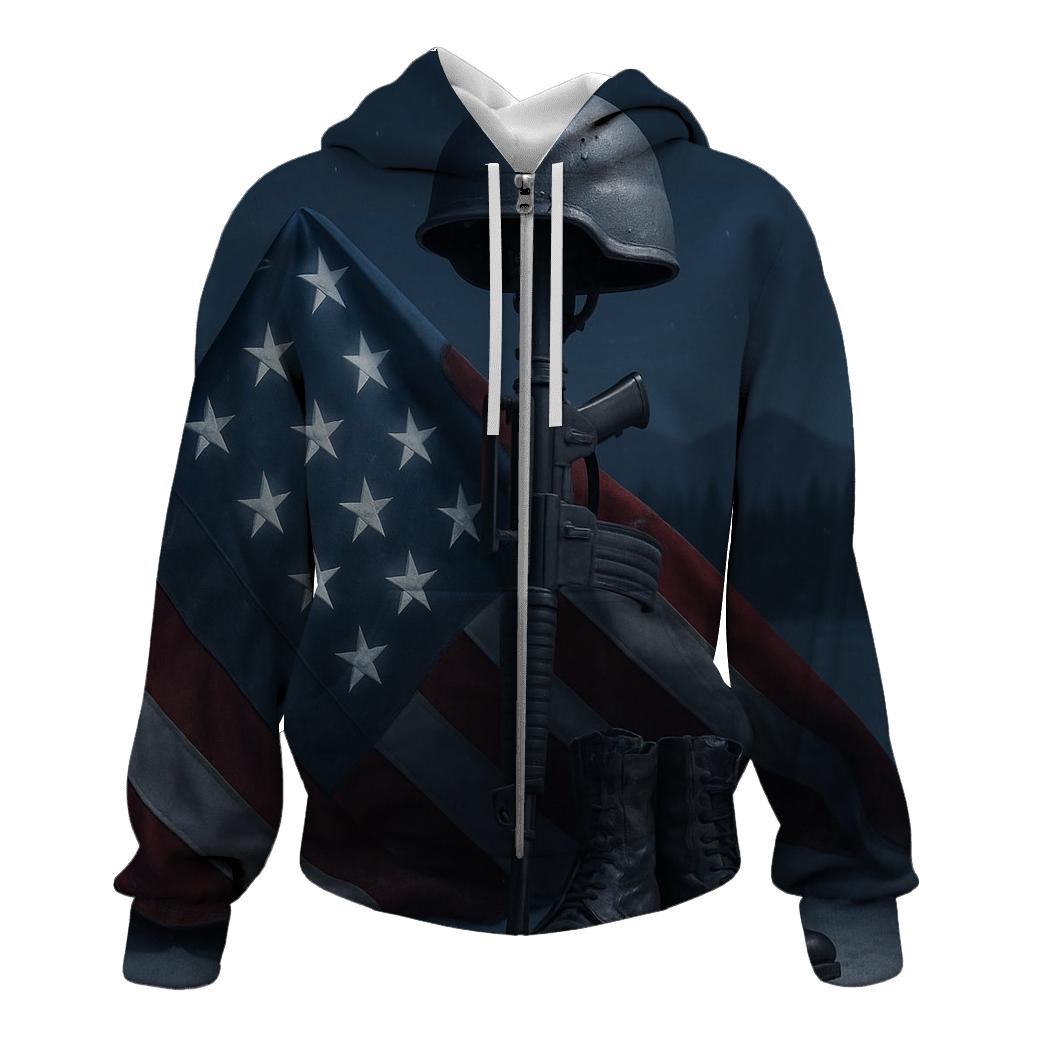 Steel Cross And Folded Flag In Moonlit Snow printed hoodies