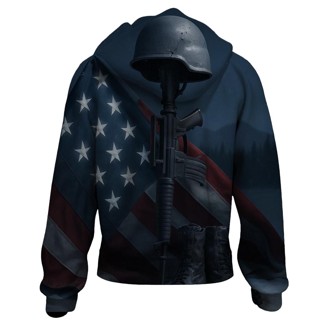 Steel Cross And Folded Flag In Moonlit Snow printed hoodies