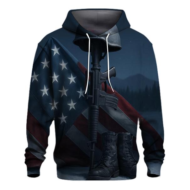 Steel Cross And Folded Flag In Moonlit Snow printed hoodies