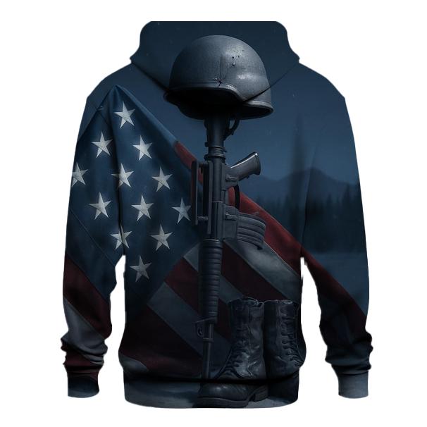 Steel Cross And Folded Flag In Moonlit Snow printed hoodies