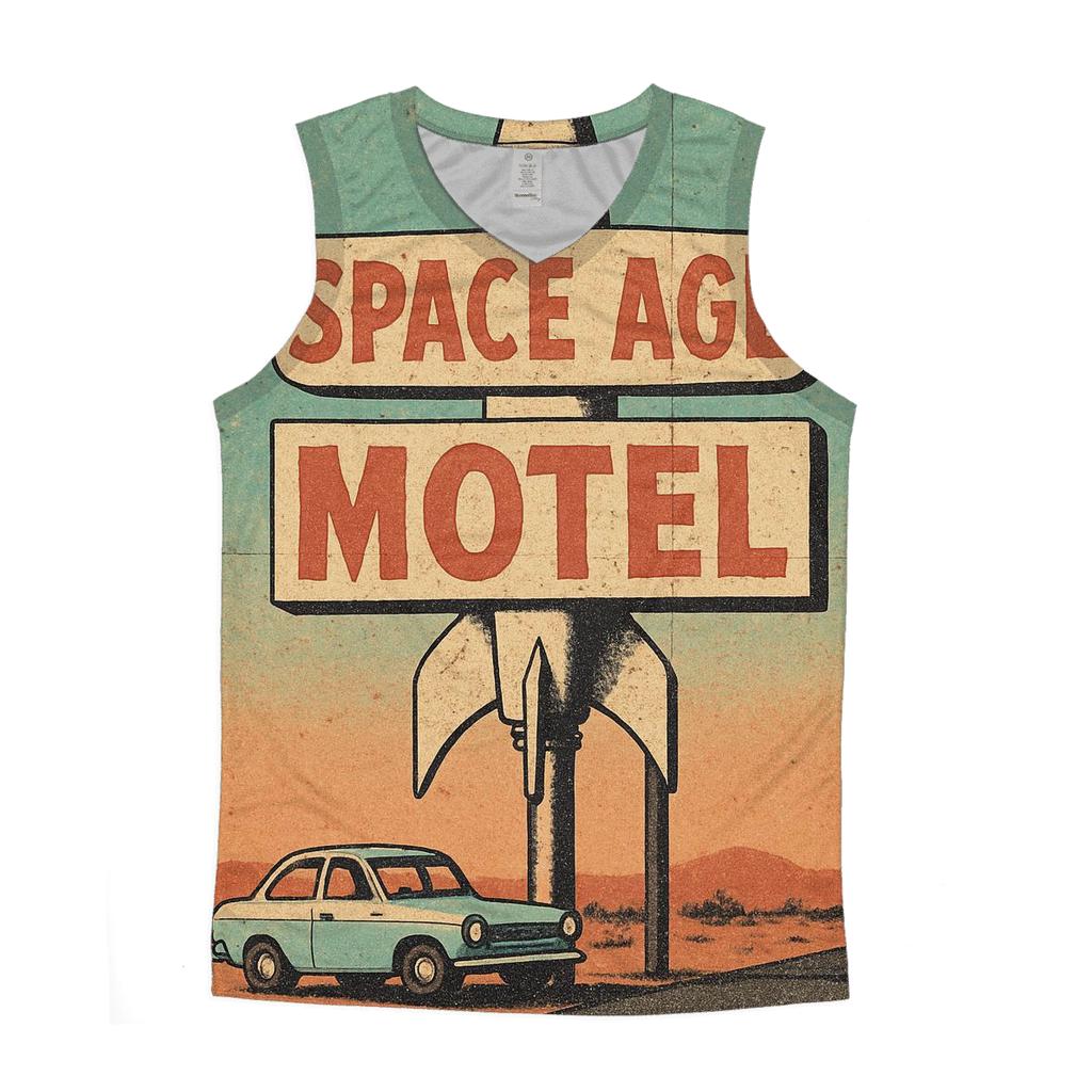 Weathered Space Age Motel Postcard stylish racerback tanks