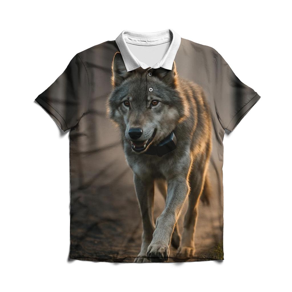 Radio Collared Wolf At The Boreal Firebreak personalized polo shirts