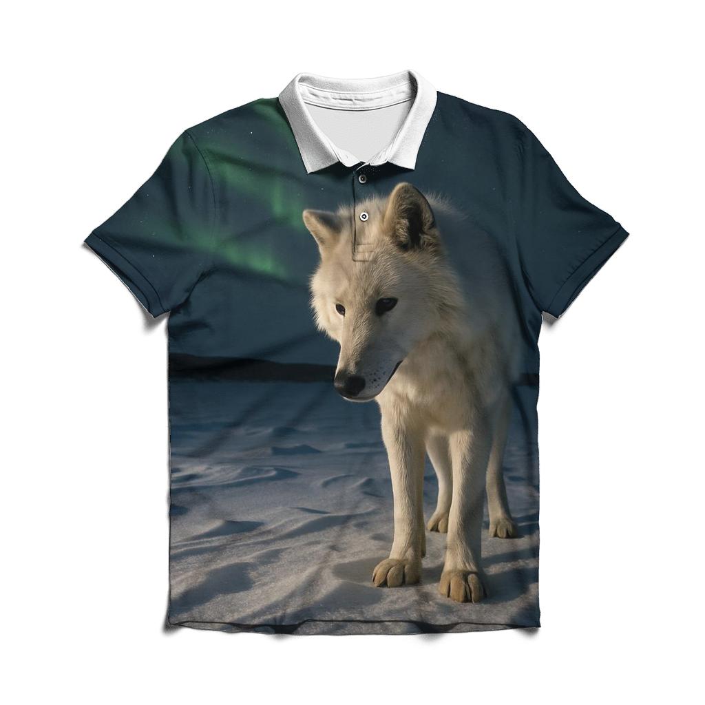 Arctic Wolf Listening Beneath Aurora Lit Snow designer slim fit polos