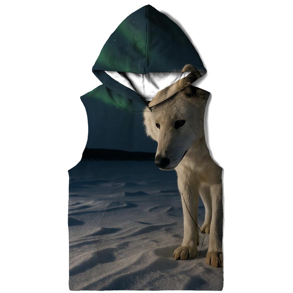 Arctic Wolf Listening Beneath Aurora Lit Snow premium hoodies