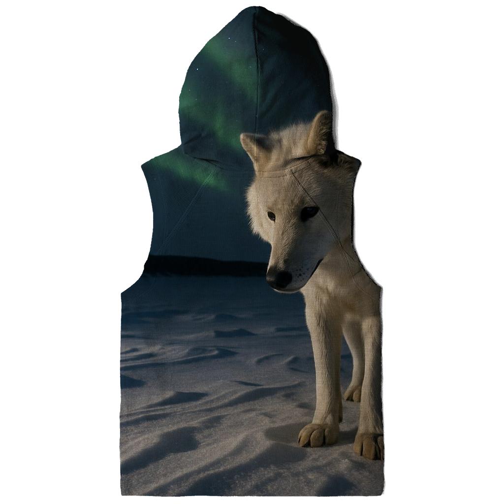 Arctic Wolf Listening Beneath Aurora Lit Snow premium hoodies