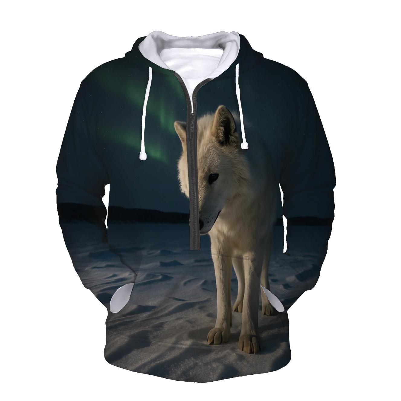 Arctic Wolf Listening Beneath Aurora Lit Snow pullover hoodies