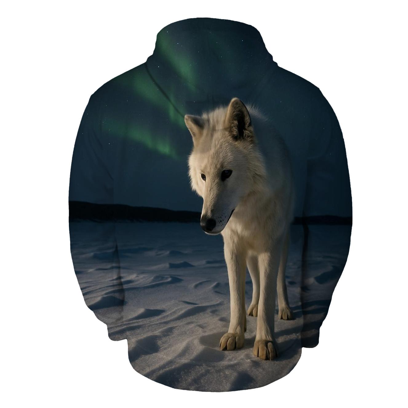 Arctic Wolf Listening Beneath Aurora Lit Snow pullover hoodies