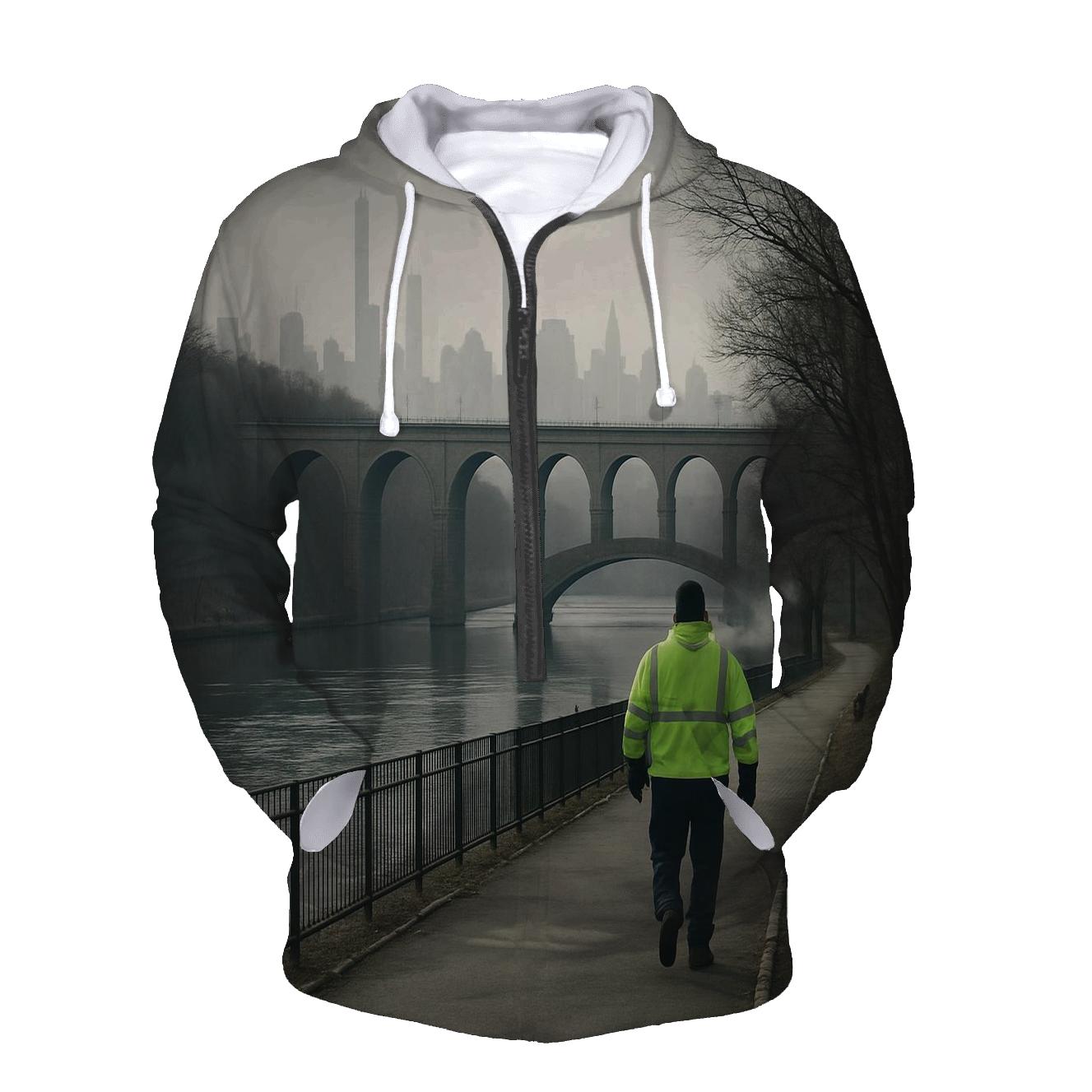 Harlem River Winter Haze With High Bridge Silhouette premium hoodies