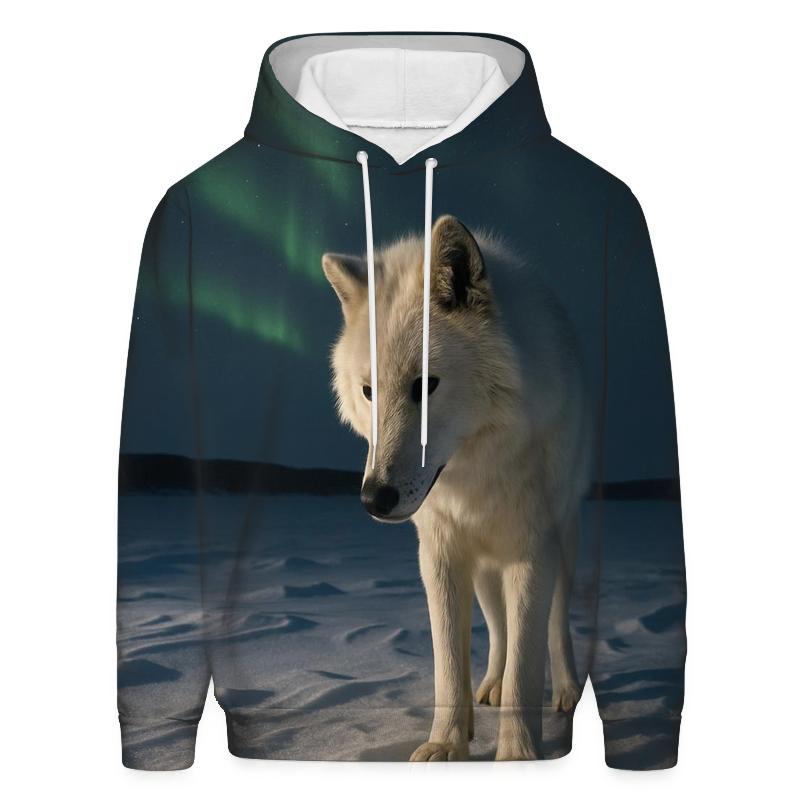 Arctic Wolf Listening Beneath Aurora Lit Snow custom hoodies