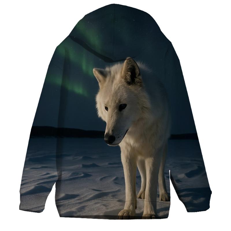 Arctic Wolf Listening Beneath Aurora Lit Snow custom hoodies