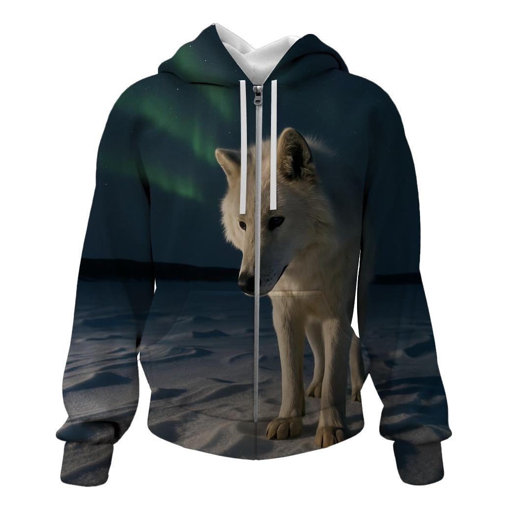 Arctic Wolf Listening Beneath Aurora Lit Snow hoodie trends