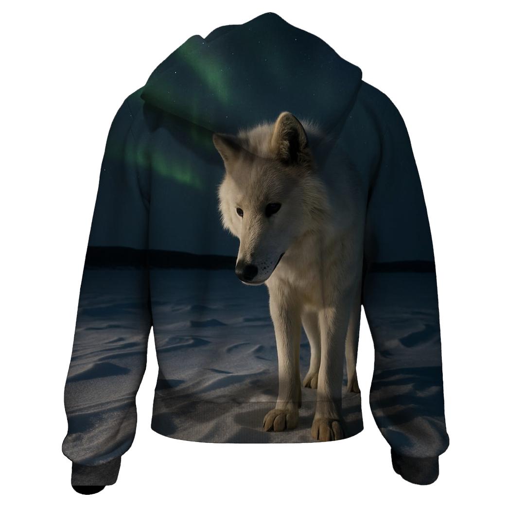 Arctic Wolf Listening Beneath Aurora Lit Snow hoodie trends