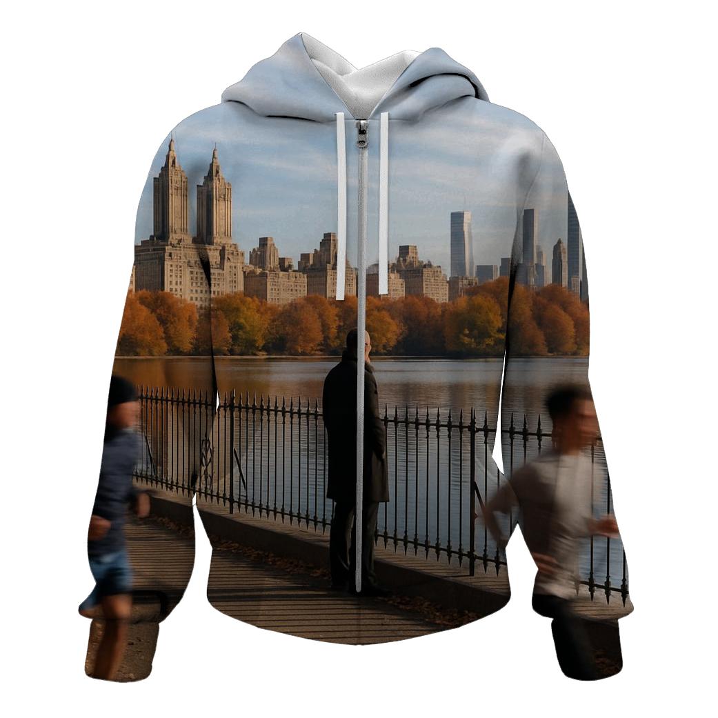 Midtown Skyline Reflections From An Autumn Reservoir graphic hoodies