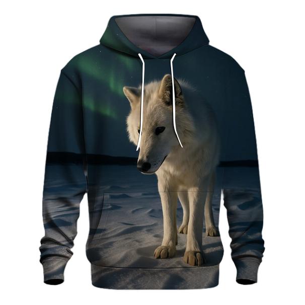 Arctic Wolf Listening Beneath Aurora Lit Snow designer hoodies