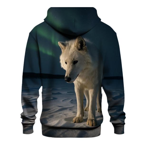 Arctic Wolf Listening Beneath Aurora Lit Snow designer hoodies