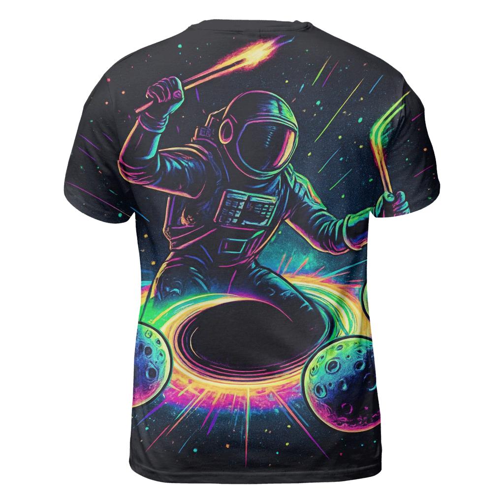 Neon Rift Drummer At The Event Horizon vibrant all-over design tees