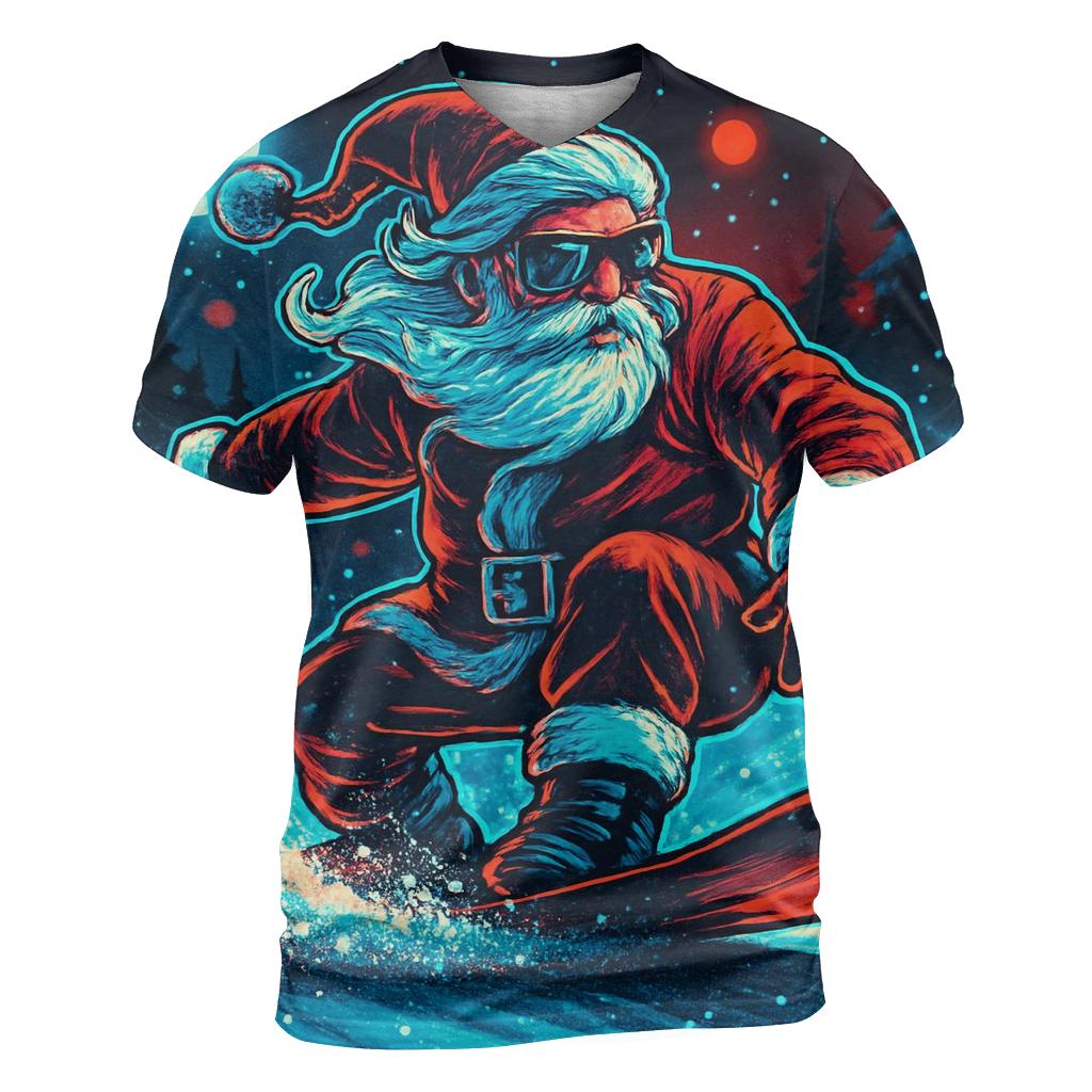 Neon Midnight Santa Snowboard Run statement graphic shirts