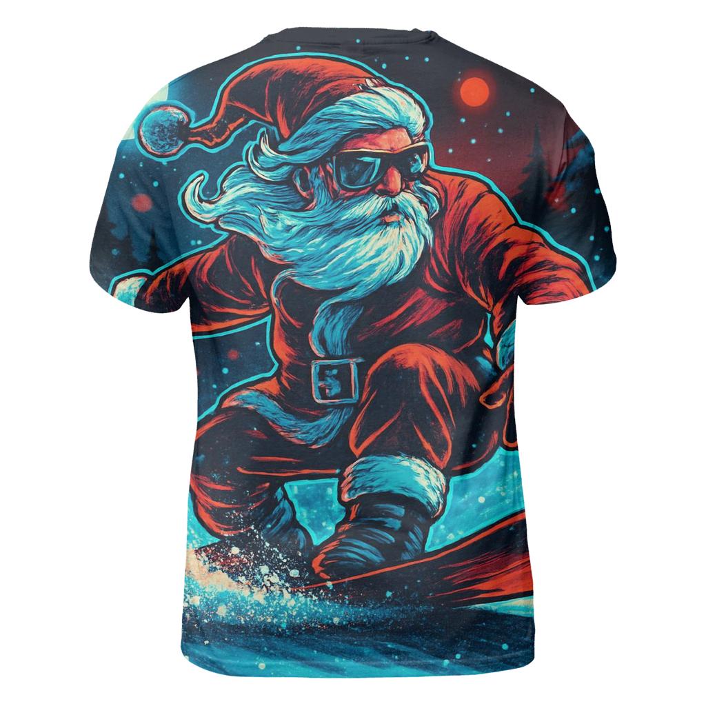 Neon Midnight Santa Snowboard Run statement graphic shirts