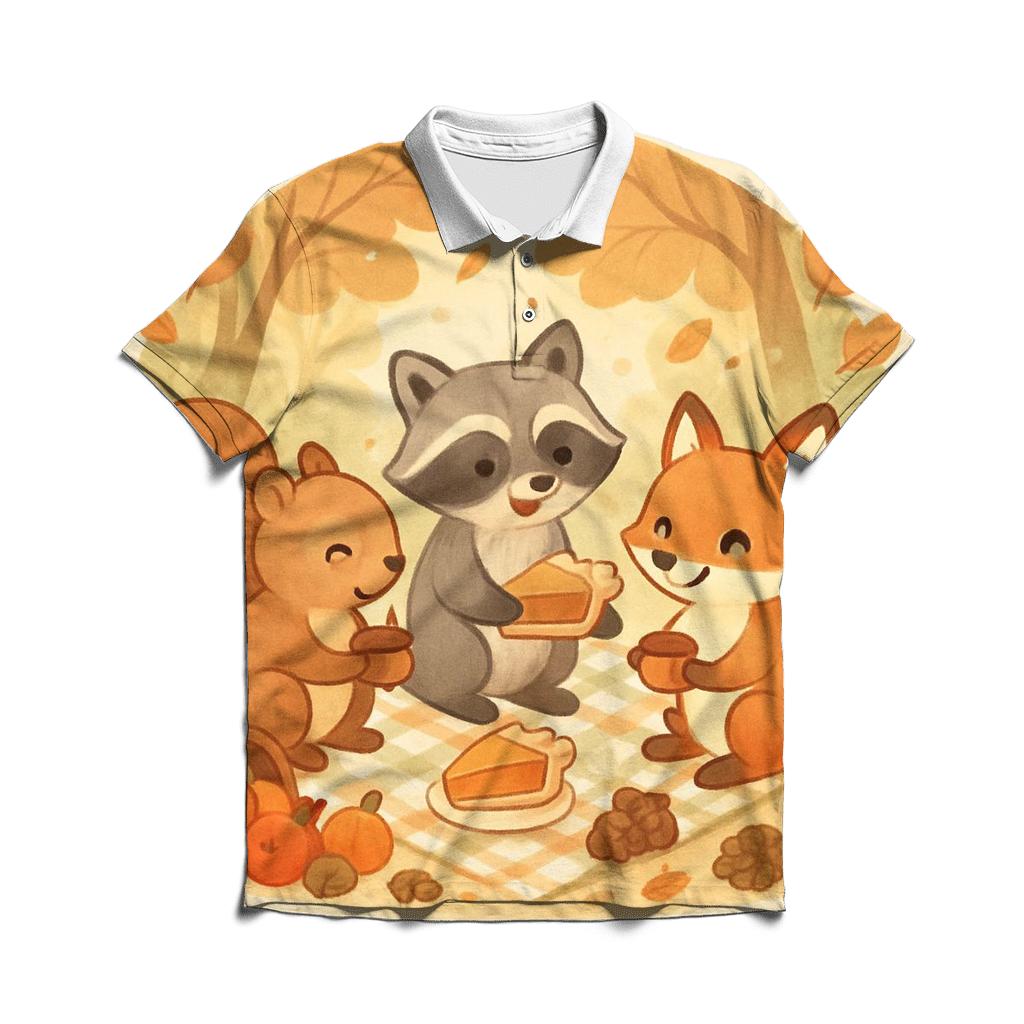 Woodland Critters Thanksgiving Picnic Circle designer slim fit polos