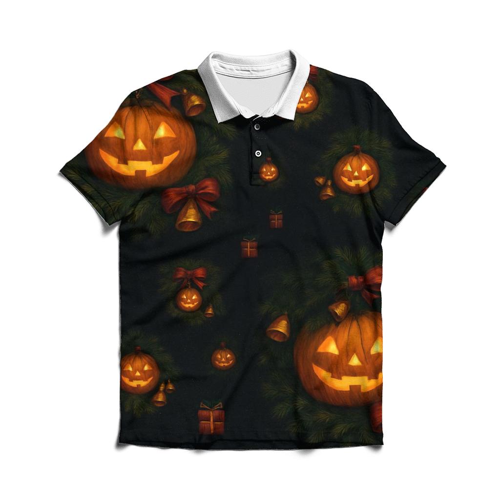 Midnight Candlelit Pumpkin Wreath Grid premium cotton polo shirts