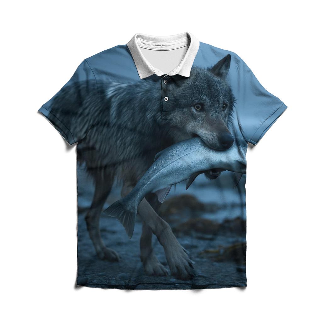 Coastal Wolf With Salmon Run Mist premium cotton polo shirts