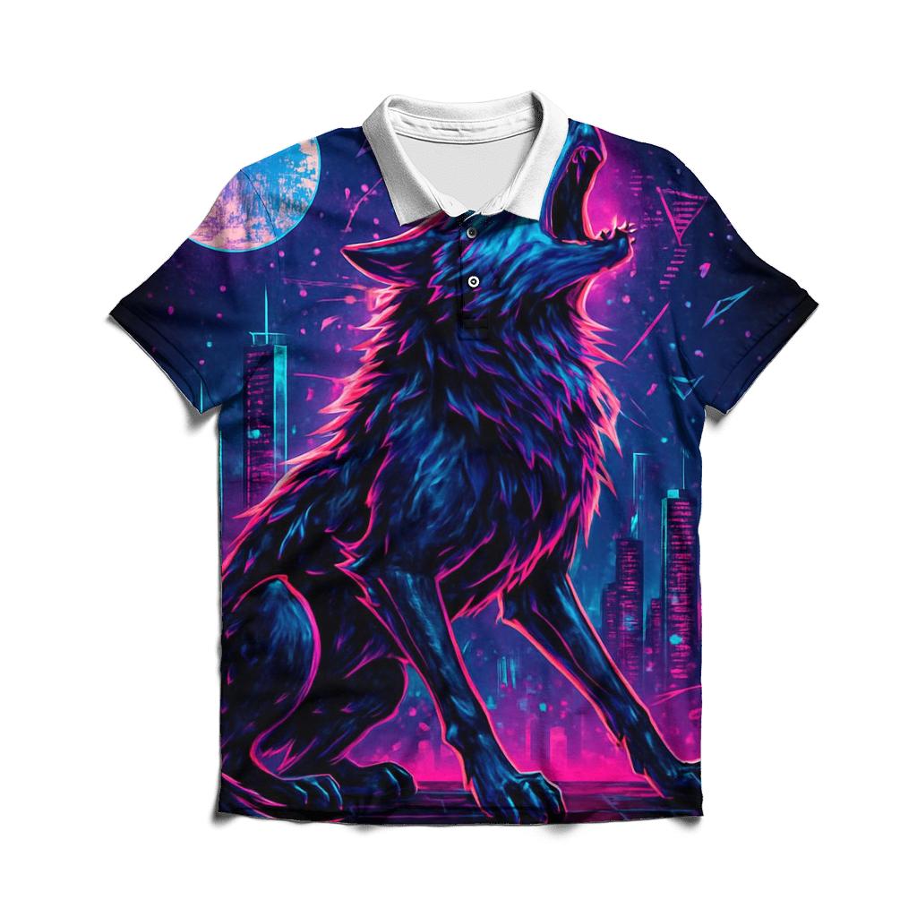 Neon Circuit Howl Wolf Of The Data Moon casual sports polo shirts