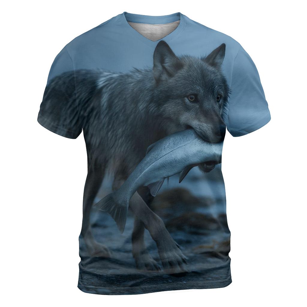Coastal Wolf With Salmon Run Mist unique graphic print tees